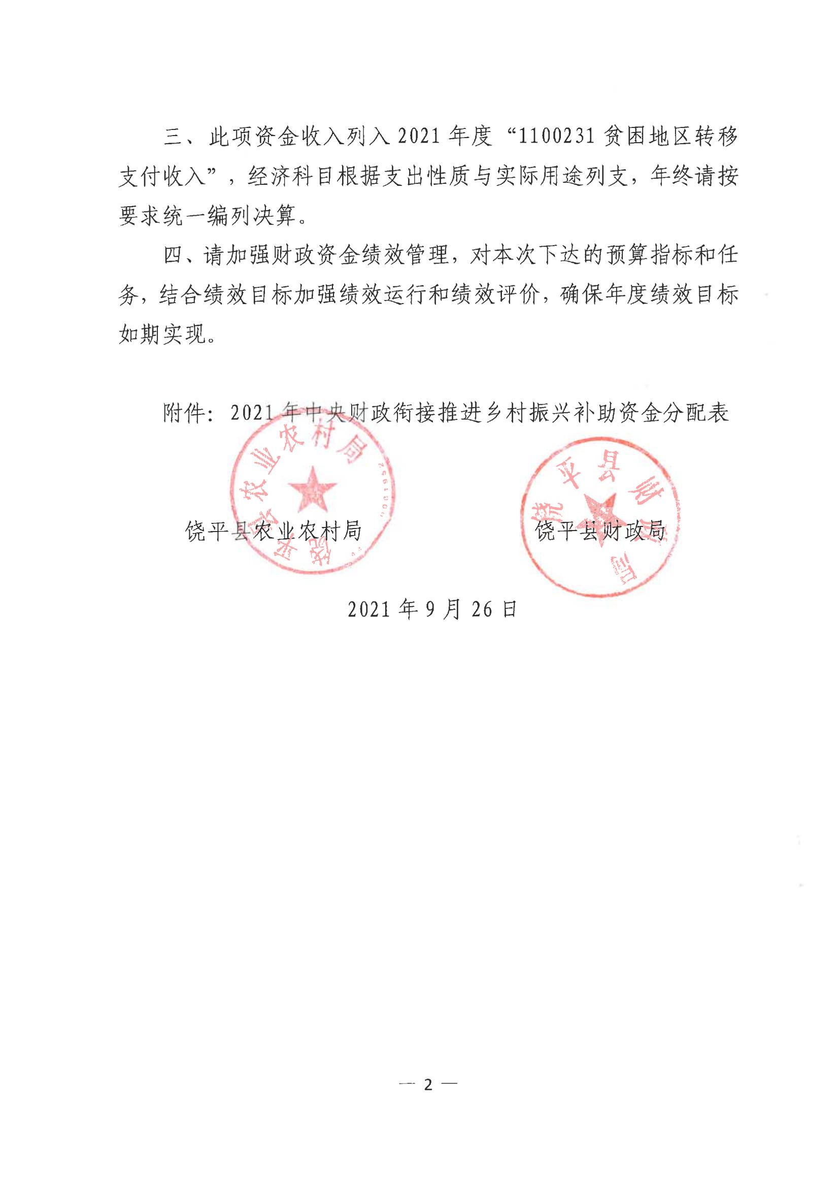 饶农字21163--县农业农村局 县财政局关于下达2021年中央财政衔接推进乡村振兴补助资金的通知(1)_01.jpg